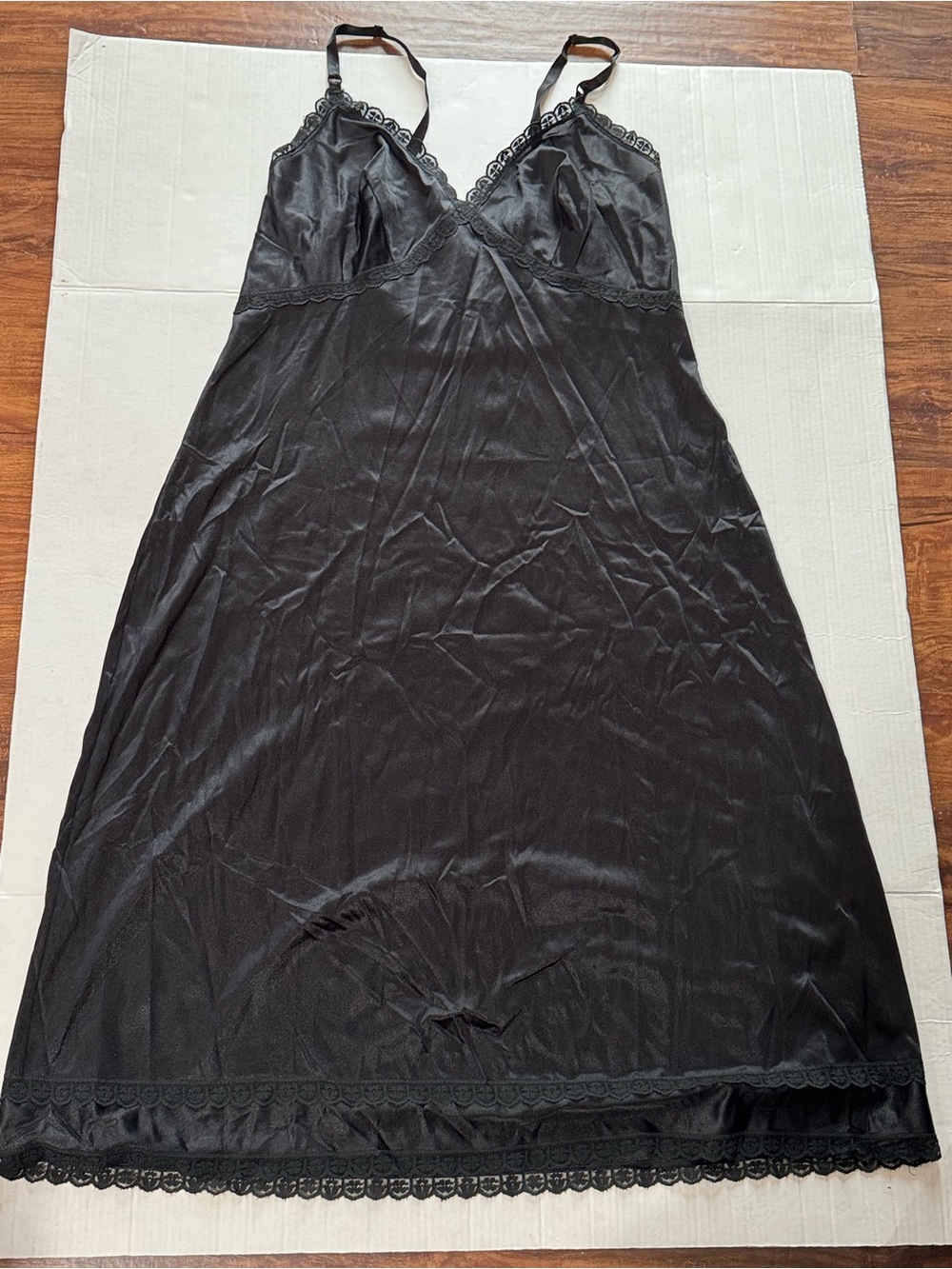 Sears Black Lace-Trim Satin Chemise Slip